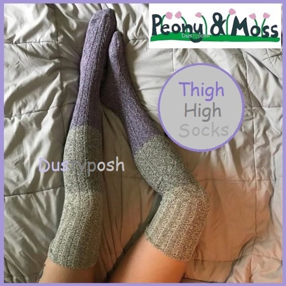 Peony and Moss Marled Orchid Tricolor Thigh High Cable Knit Over Knee Socks Grey
